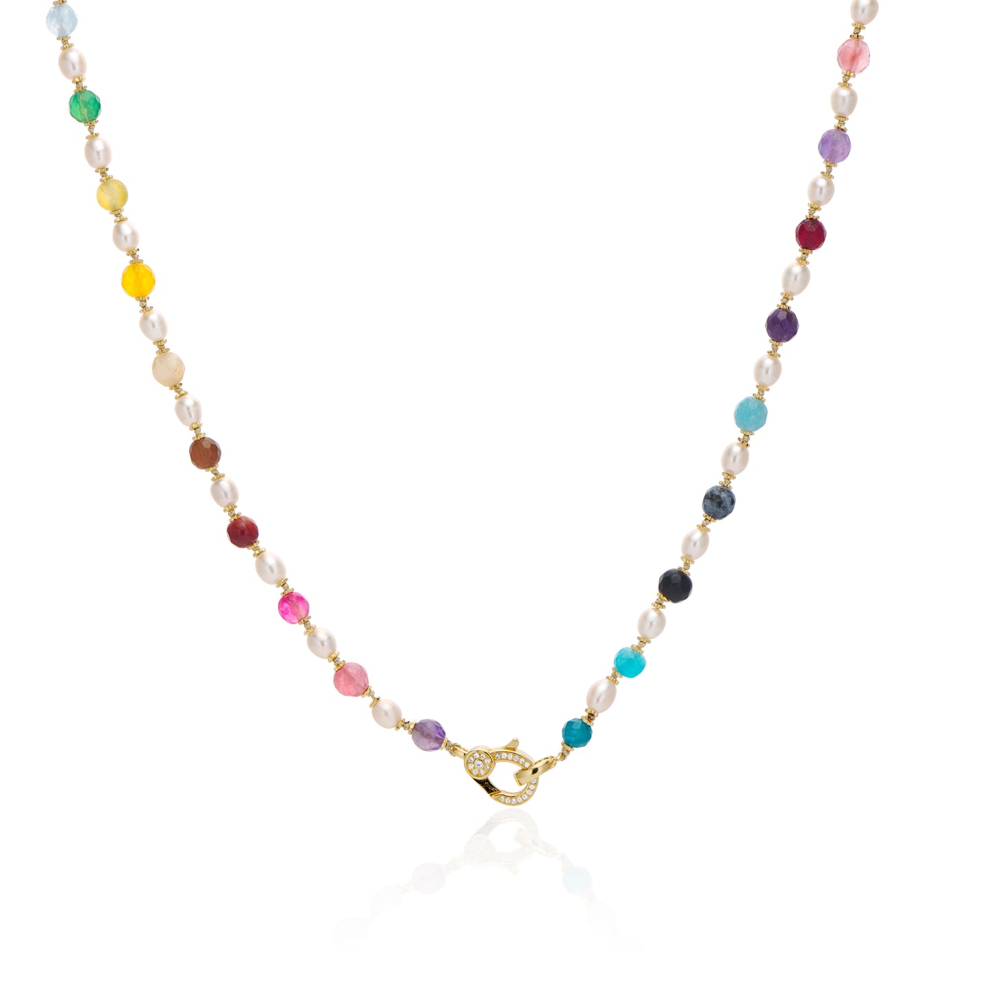 Multicolor Stone and Pearl Thread Necklace with Lobster Clasp