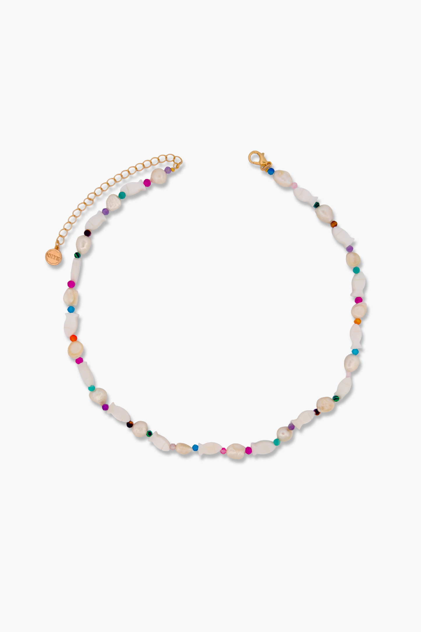 Freshwater Pearl with Shell Fish Charm and Multicolor Gemstones Necklace