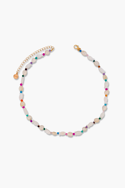 Freshwater Pearl with Shell Fish Charm and Multicolor Gemstones Necklace