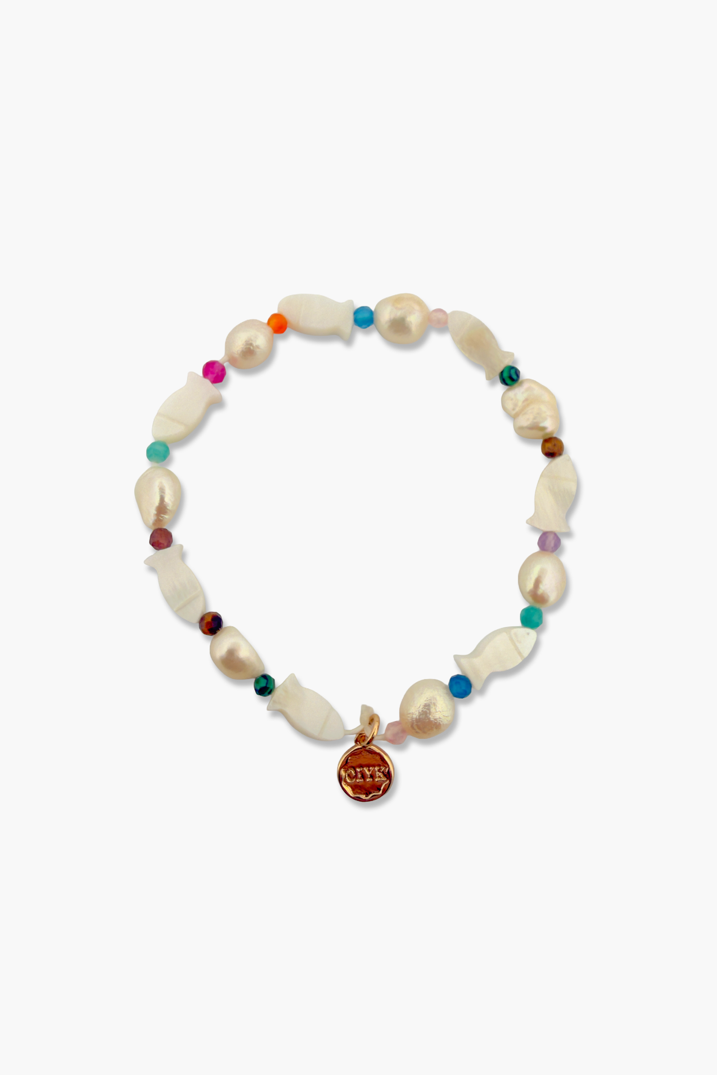 Freshwater Pearl with Shell Fish Charm and Multicolor Gemstones Bracelet