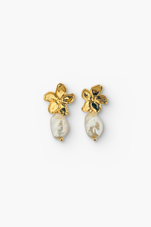 Gold Flower and Baroque Pearl Drop Earrings