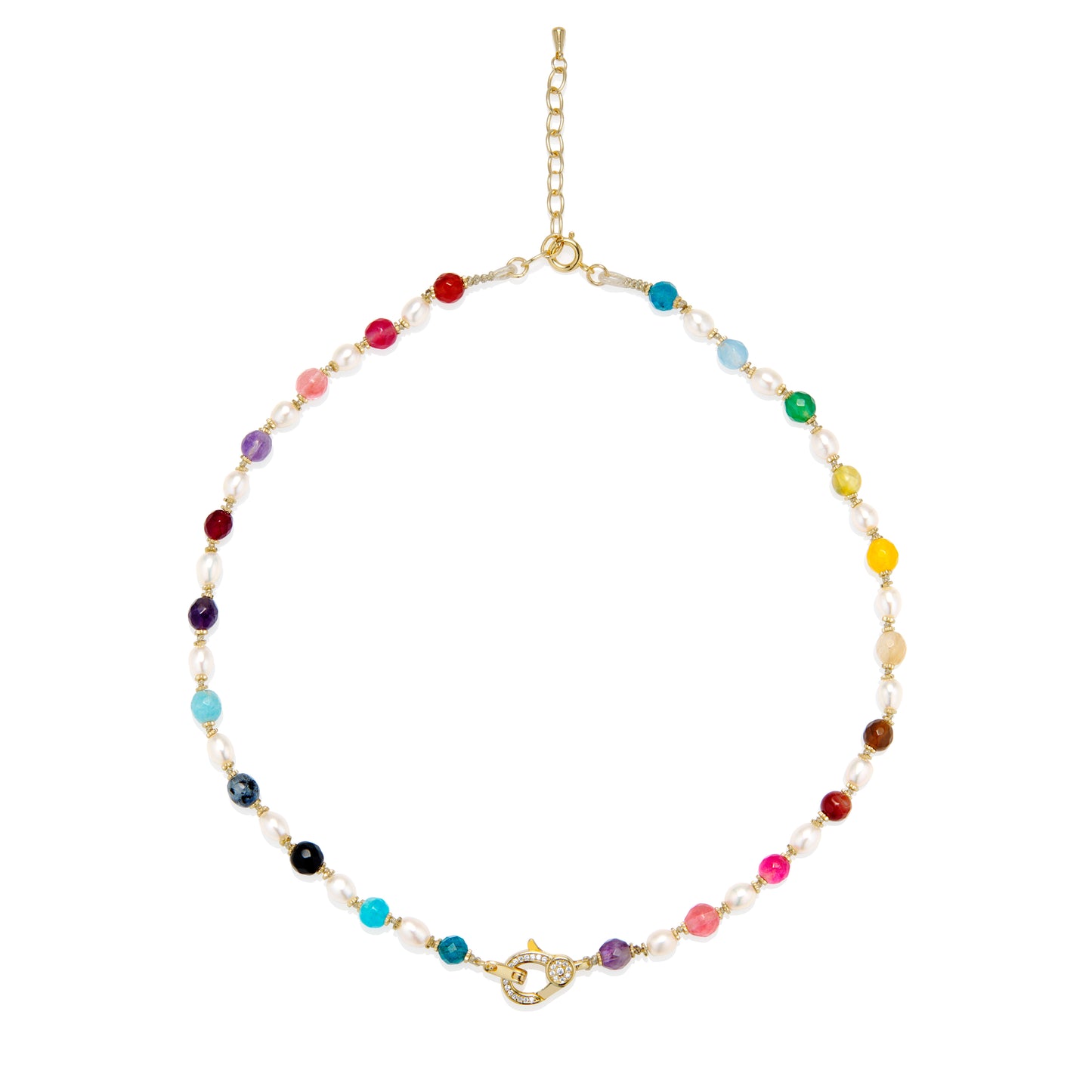 Multicolor Stone and Pearl Thread Necklace with Lobster Clasp