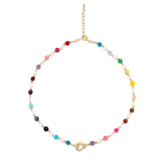 Multicolor Stone and Pearl Thread Necklace with Lobster Clasp