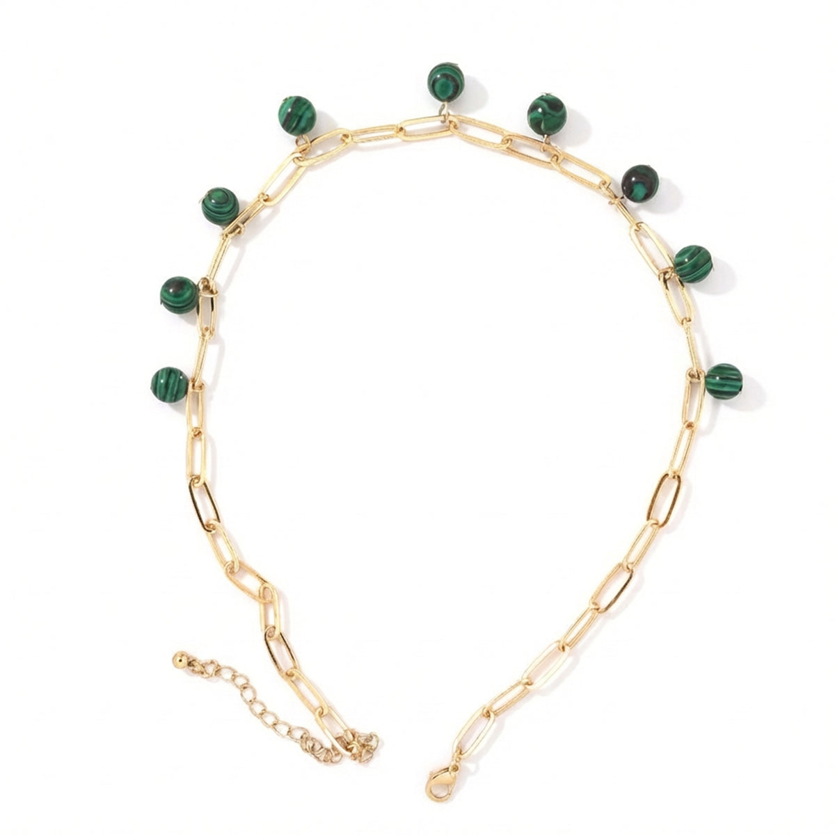 Malachite Gem Beads on Paper Clip Chain Necklace