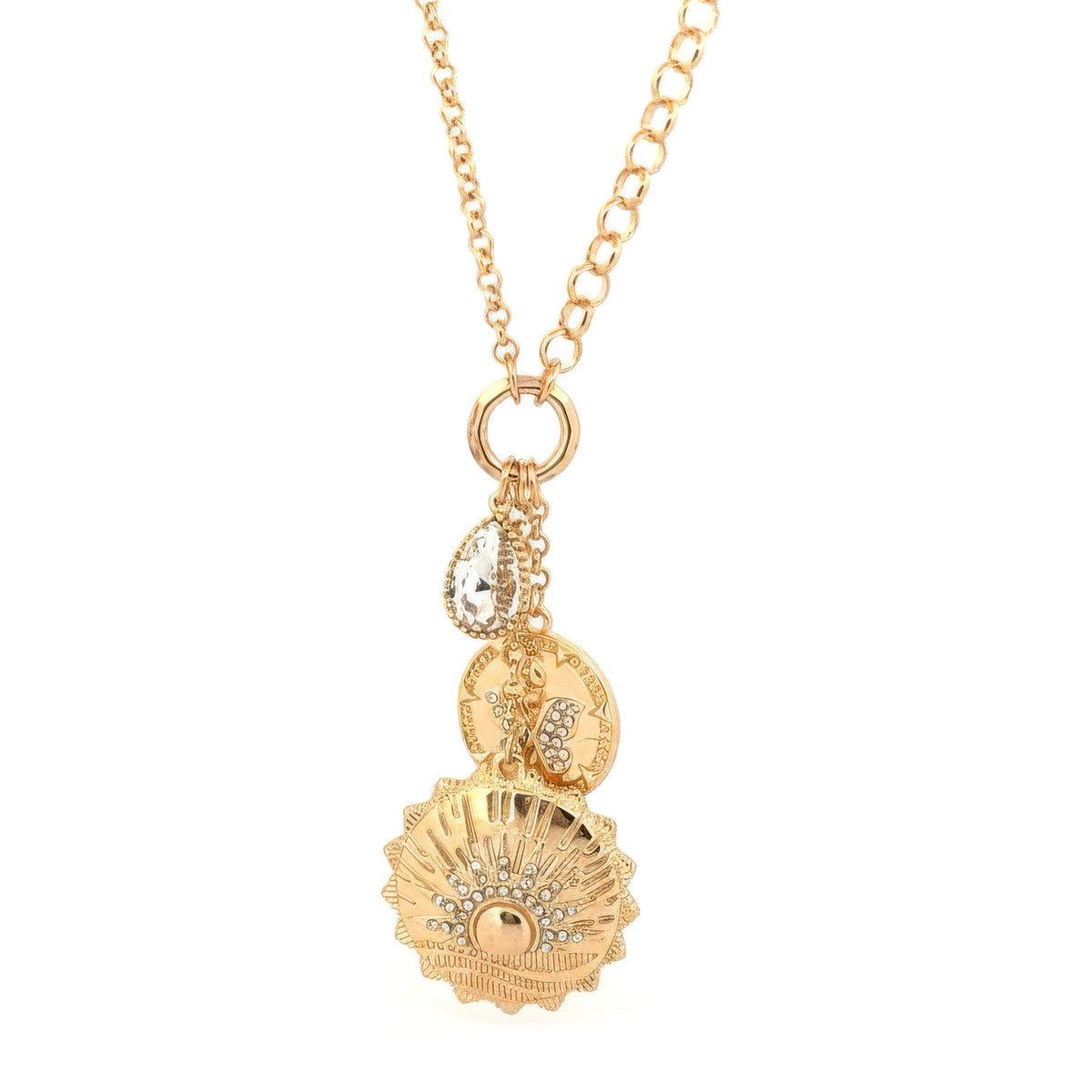 Teardrop Stone & Coin Pendant Necklace in Gold