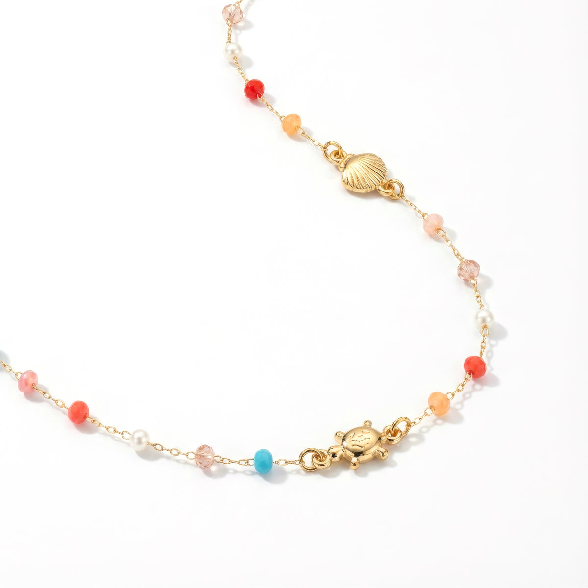 Multicolor Glass Metal Bead Chain Link Gold Necklace