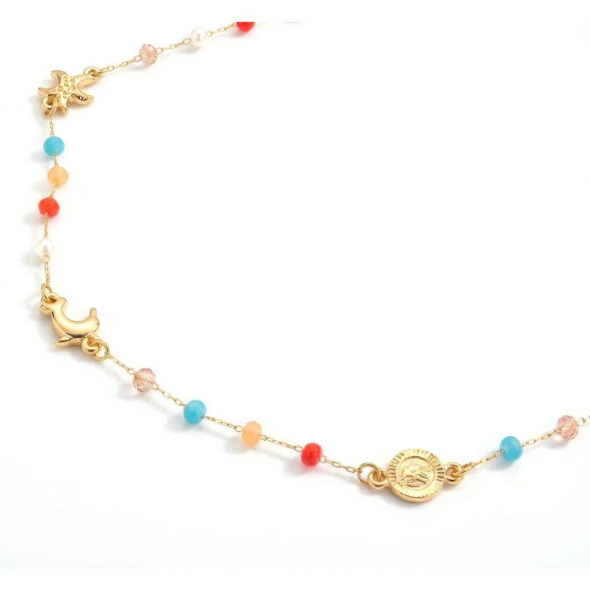 Multicolor Glass Metal Bead Chain Link Gold Necklace